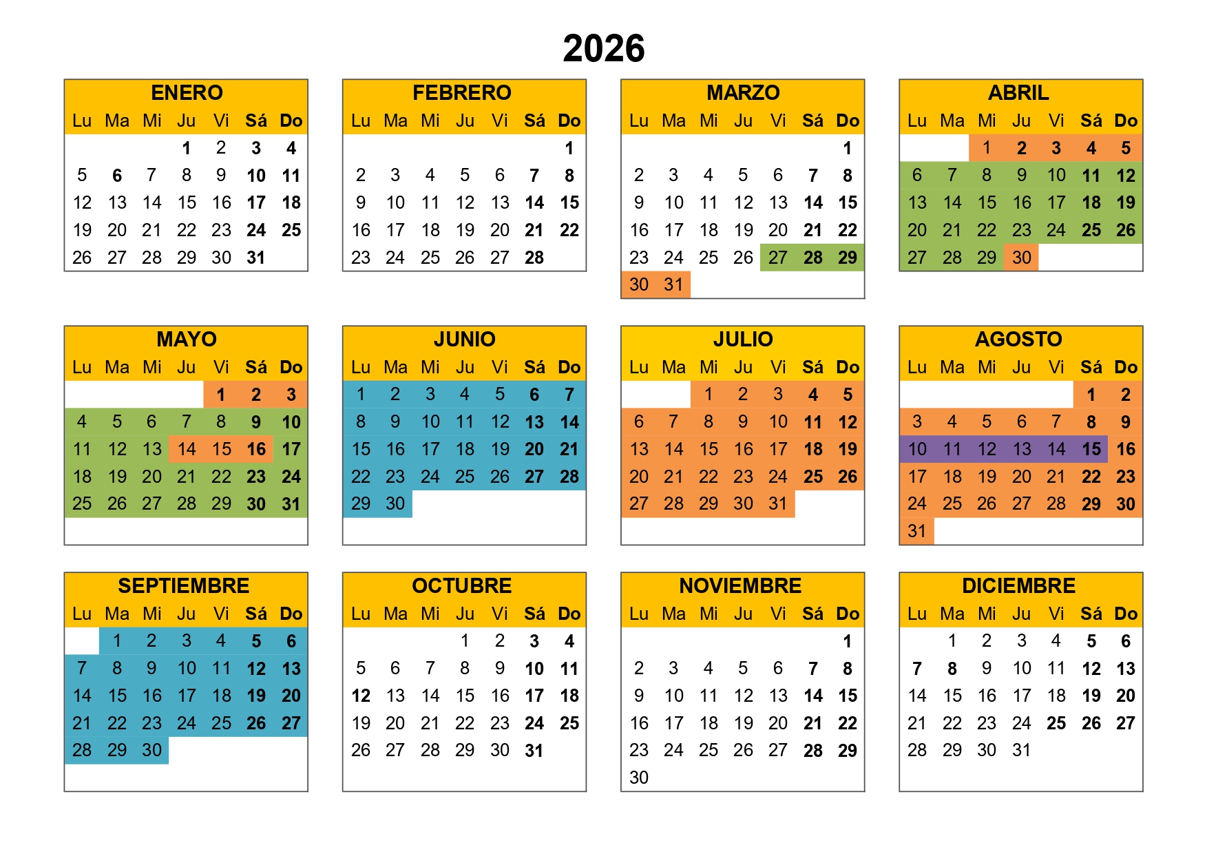 Calendario 2026 Camping Rio Lobos