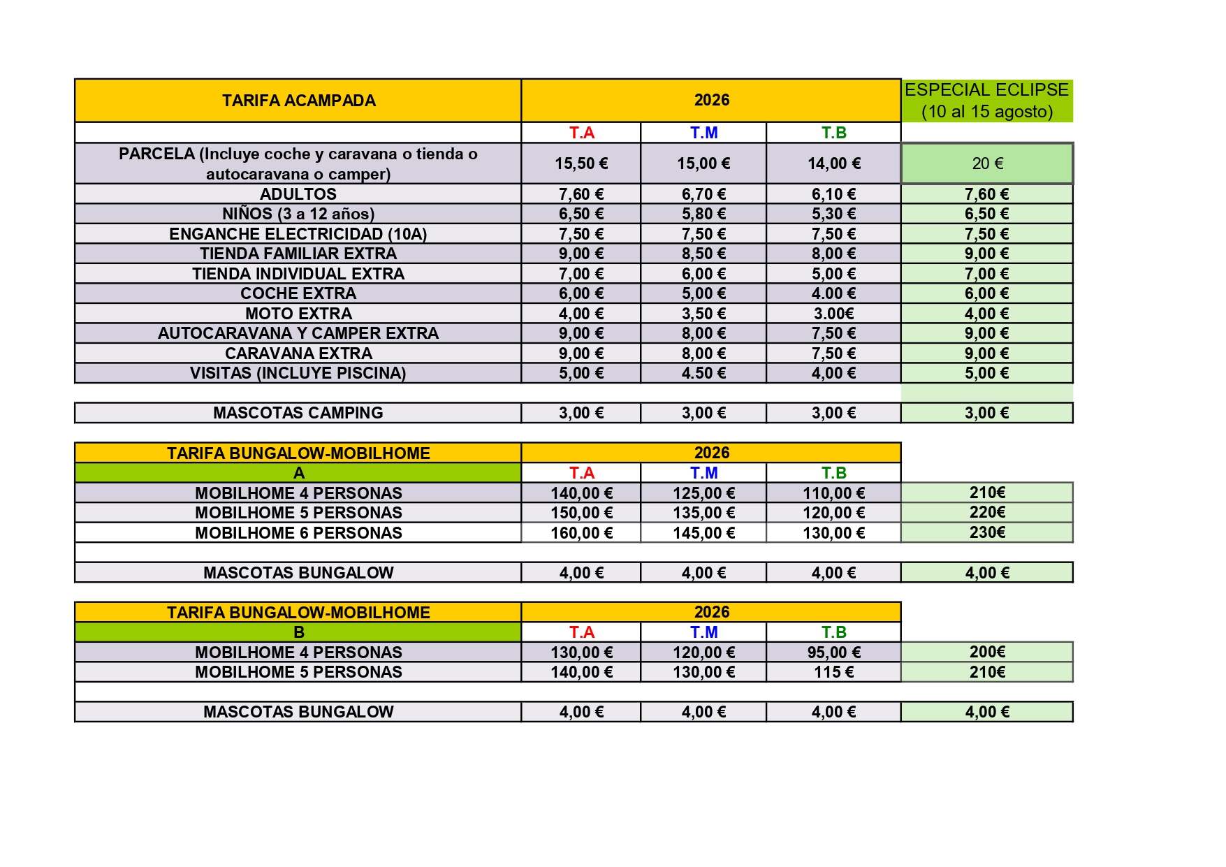 Tarifas Camping Rio Lobos 2026