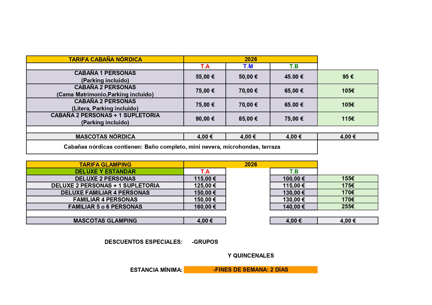 Tarifas Camping Rio Lobos 2026